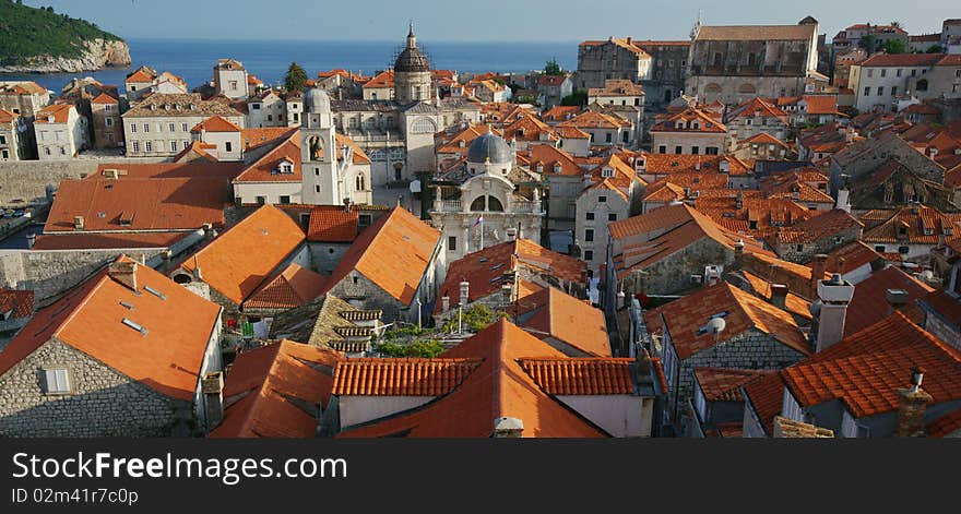 The ancient city of Dubrovnik, Croatia, in the Adriatic Sea at sunset.