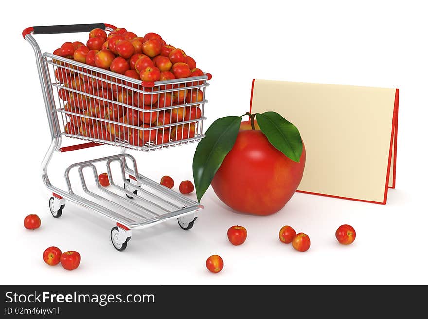 3d Shopping cart full of red apples