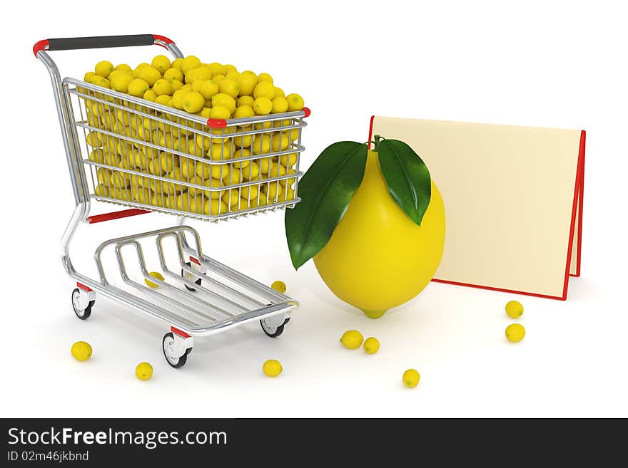 High detailed photo-realistic 3d render of yellow lemons in a shopping cart. High detailed photo-realistic 3d render of yellow lemons in a shopping cart