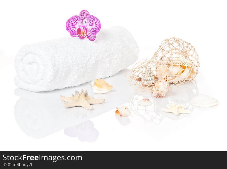 White towel with Orchid an Seashells on white with beautiful reflection.