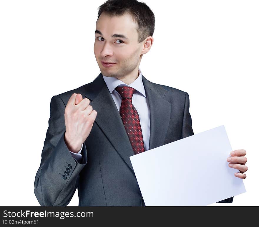 Holding a blank paper businessman say no