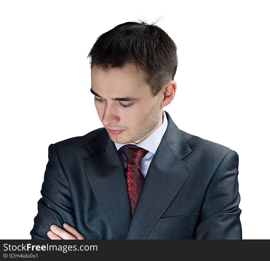 Portrait of young thoughtful businessman isolated