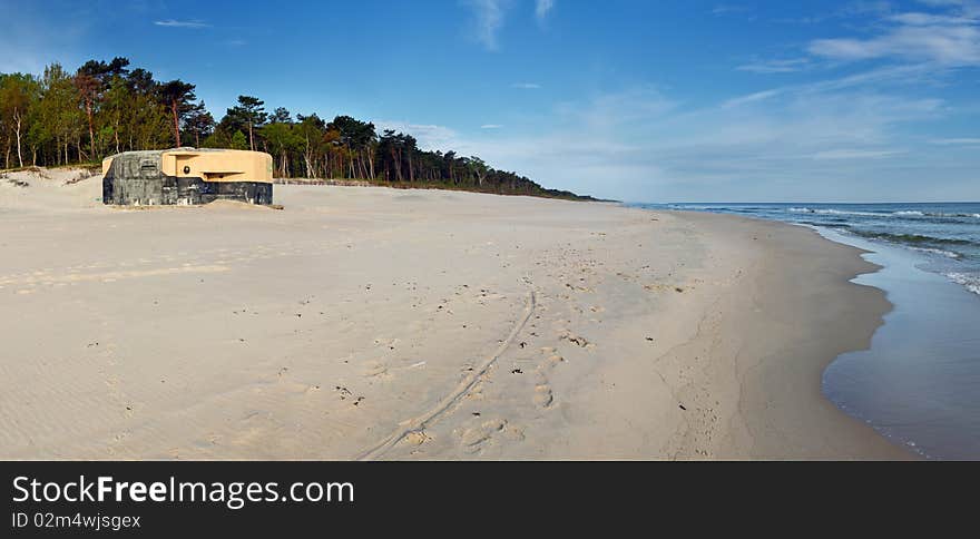 Bunker on beach. polish army fortification by german coast from world war 2