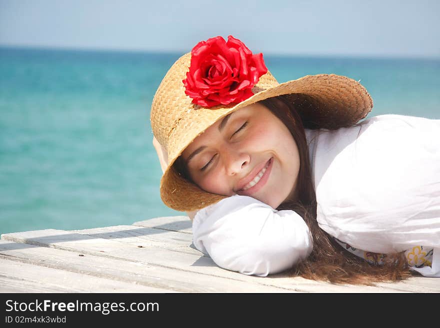 Happy Girl On Sea Background