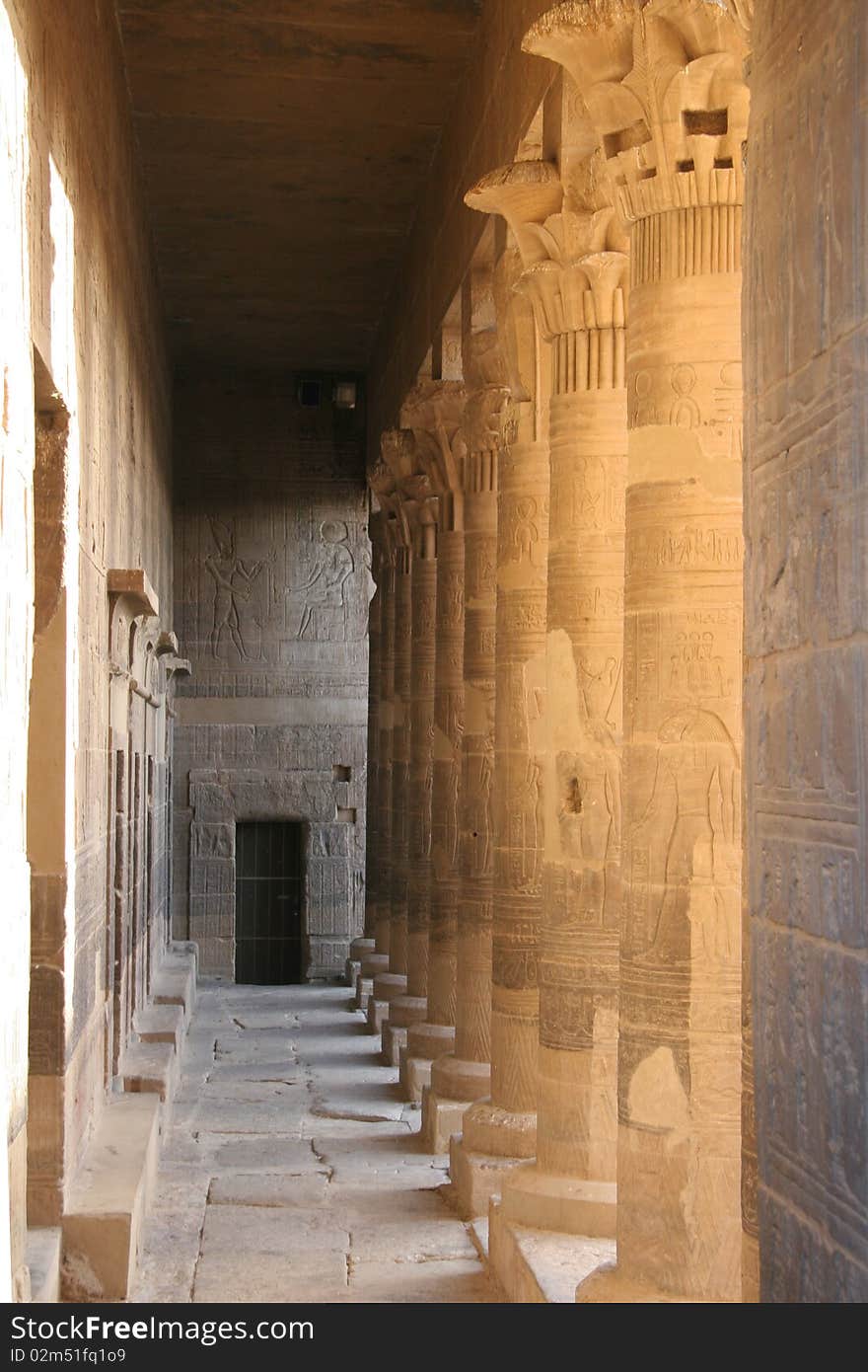 Egypt Temple of Philae columns with sunlight streaming