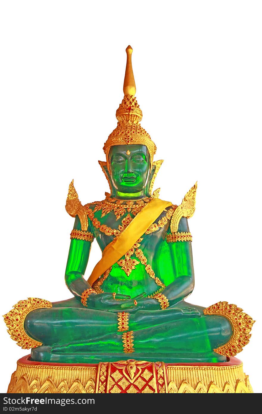 Green Buddha statue in thai temple isolated on a white background.