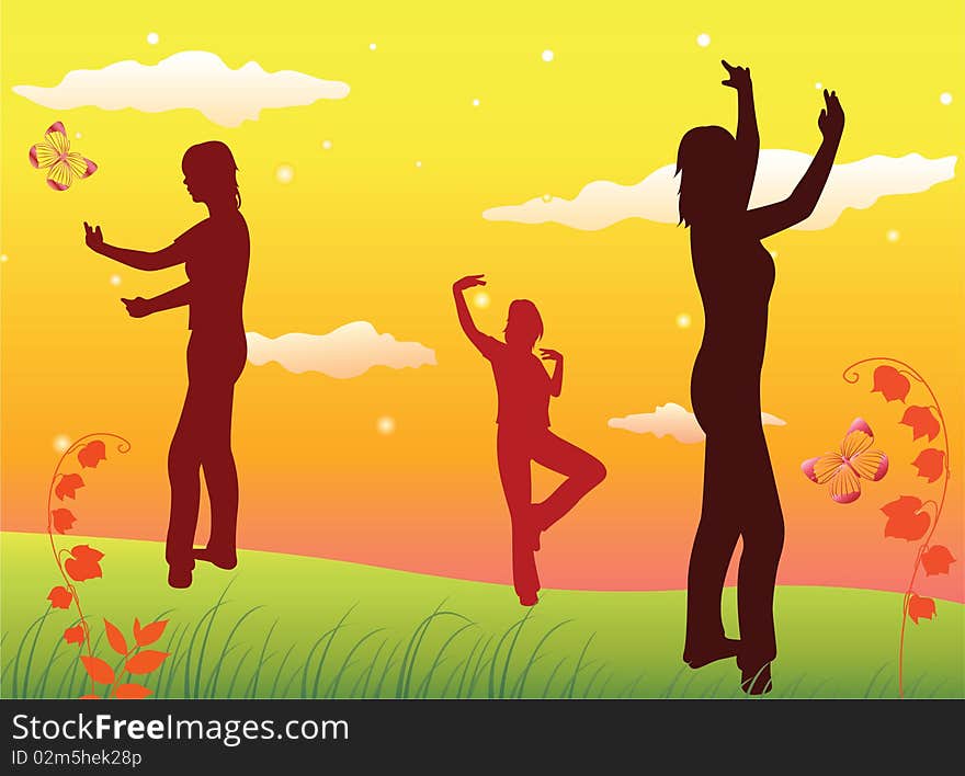 Three young girls on the hill and sunset sky vector. Three young girls on the hill and sunset sky vector