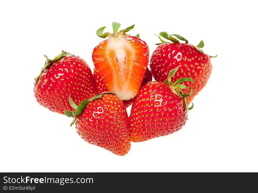 Ripe juicy strawberries on white background