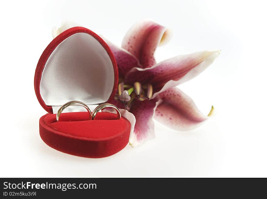 Matching rings in a heart shapped valvet box and in white background with tiger lily. Matching rings in a heart shapped valvet box and in white background with tiger lily