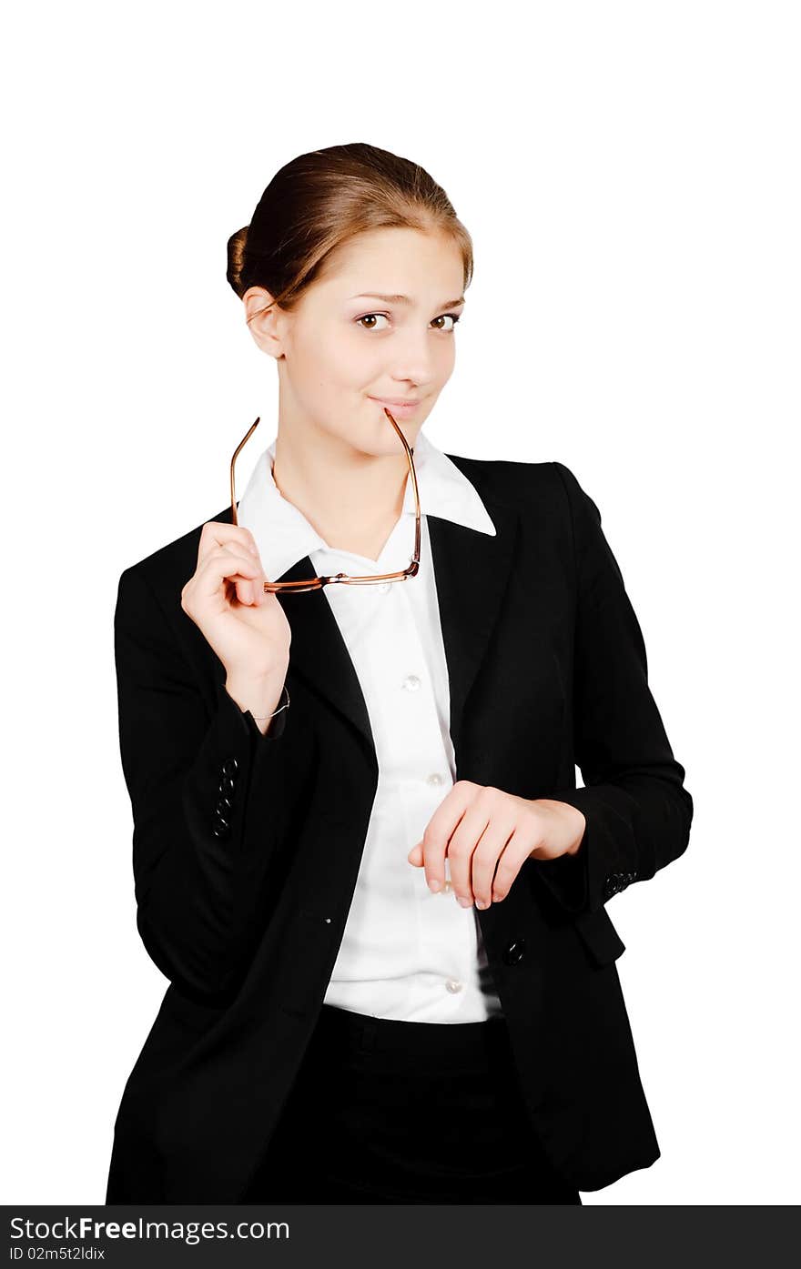 A young beautiful businesswoman isolated on white background. A young beautiful businesswoman isolated on white background