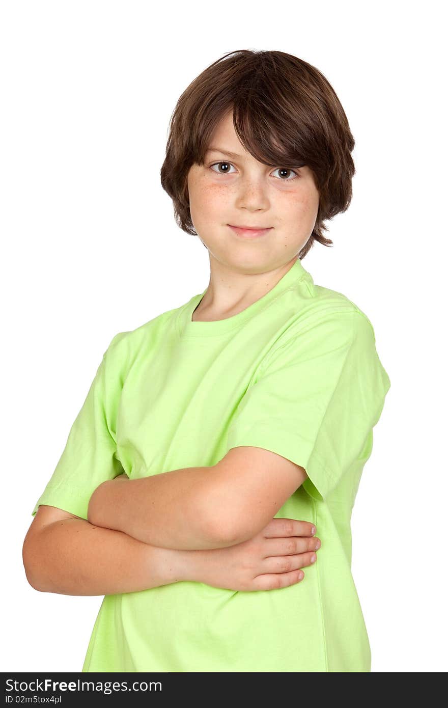 Funny portrait of freckled boy isolated on white background