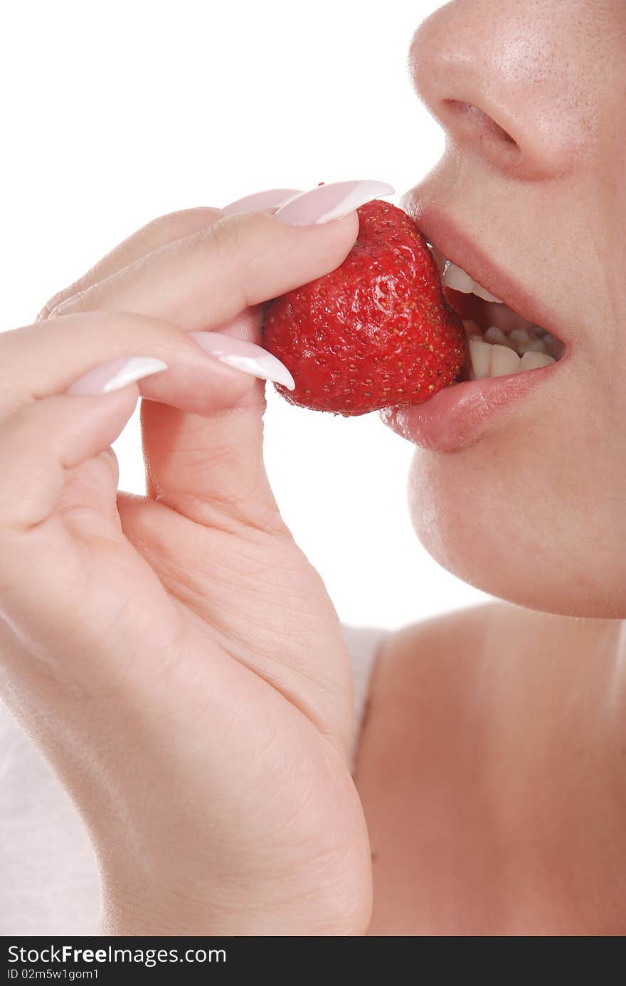 Beautiful mouth eating strawberry on white background. Beautiful mouth eating strawberry on white background