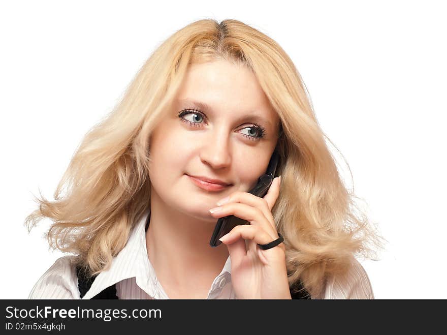 Romantic woman listens to phone. Isolated on white background.