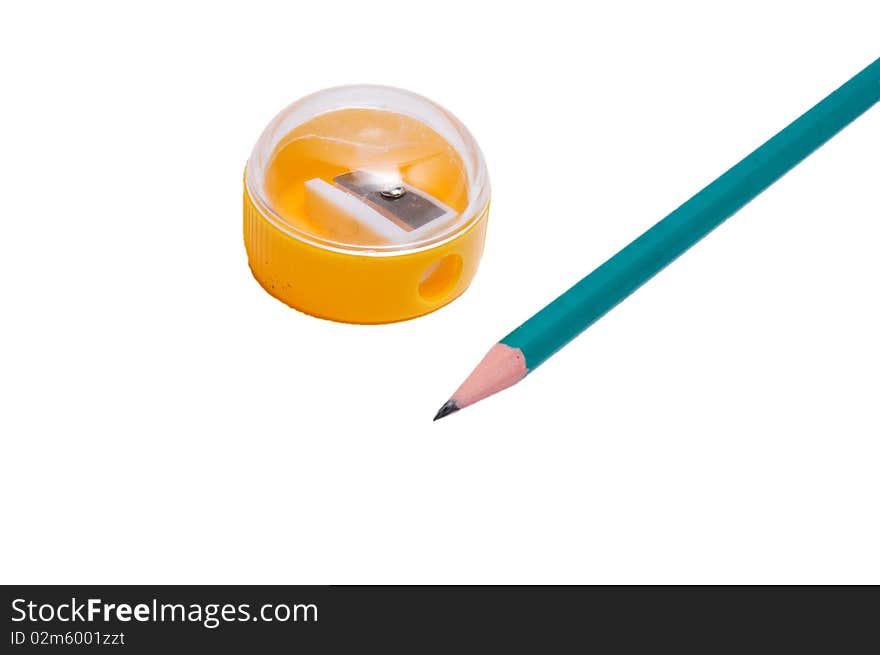 Yellow pencil sharpener as instrument for sharpening wood pencil