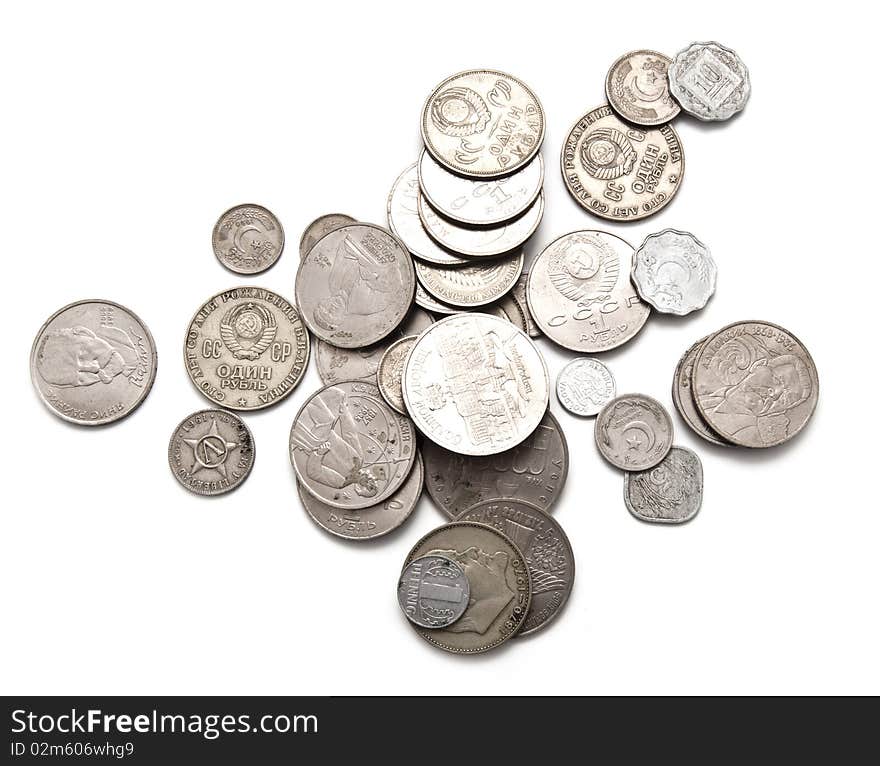 Various coins of the ancient sample on a white background