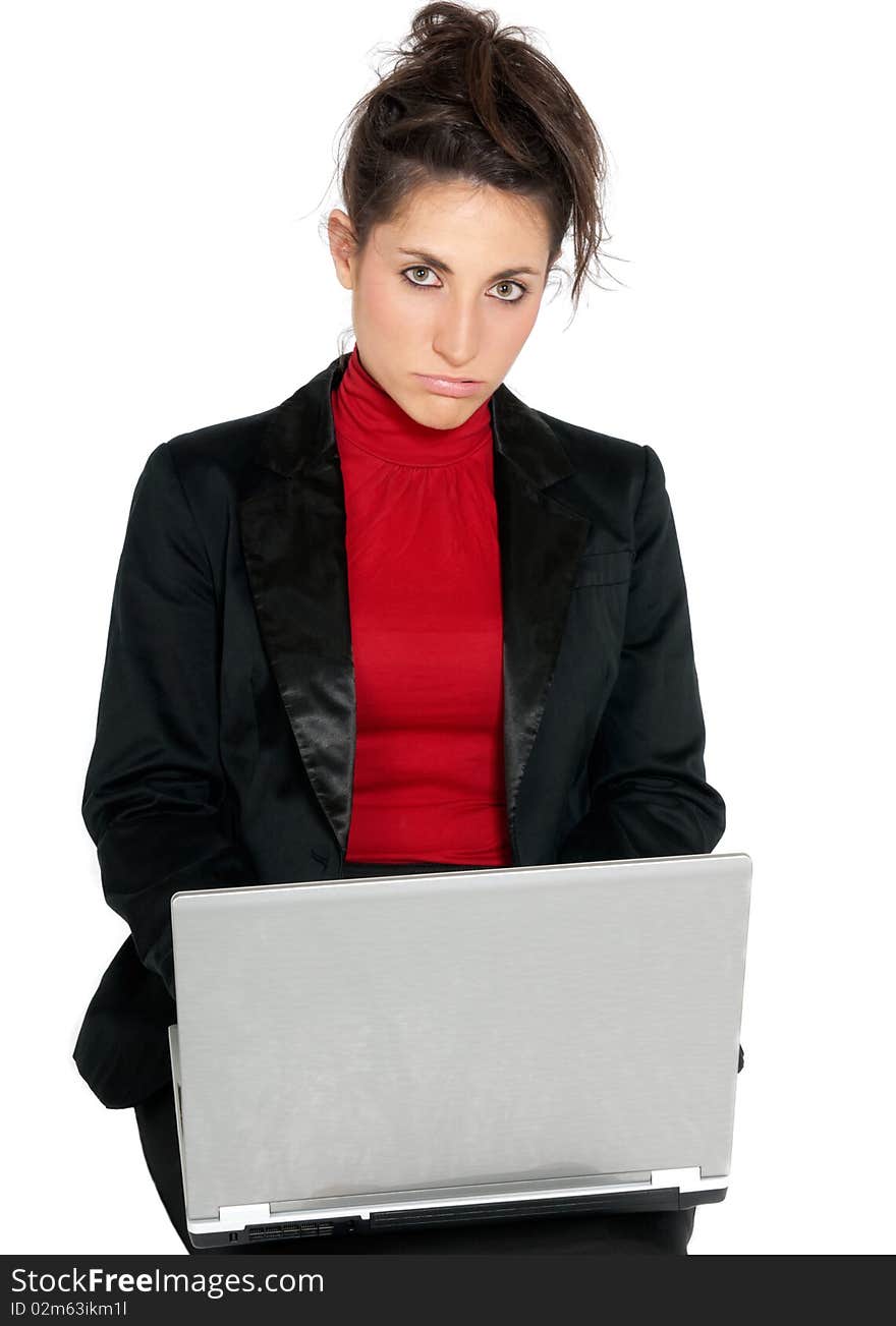 Young businesswoman tired about laptop isolated on white background