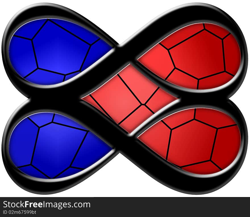 Beveled red and blue stained glass hearts created by infinity symbols. Beveled red and blue stained glass hearts created by infinity symbols.