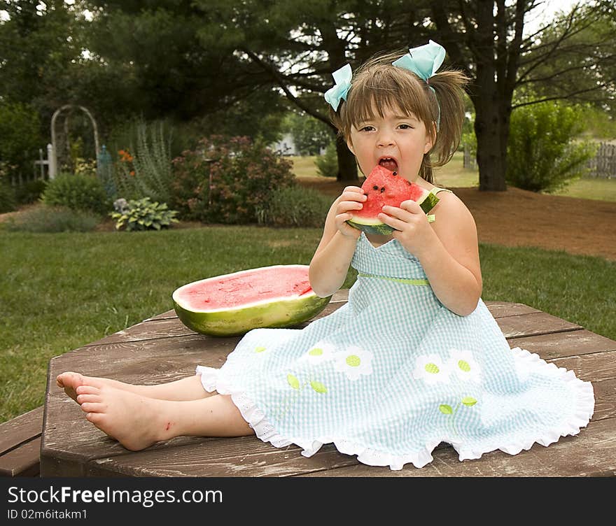 Little girl on picnic table enjoys large slice of watermelon. Little girl on picnic table enjoys large slice of watermelon