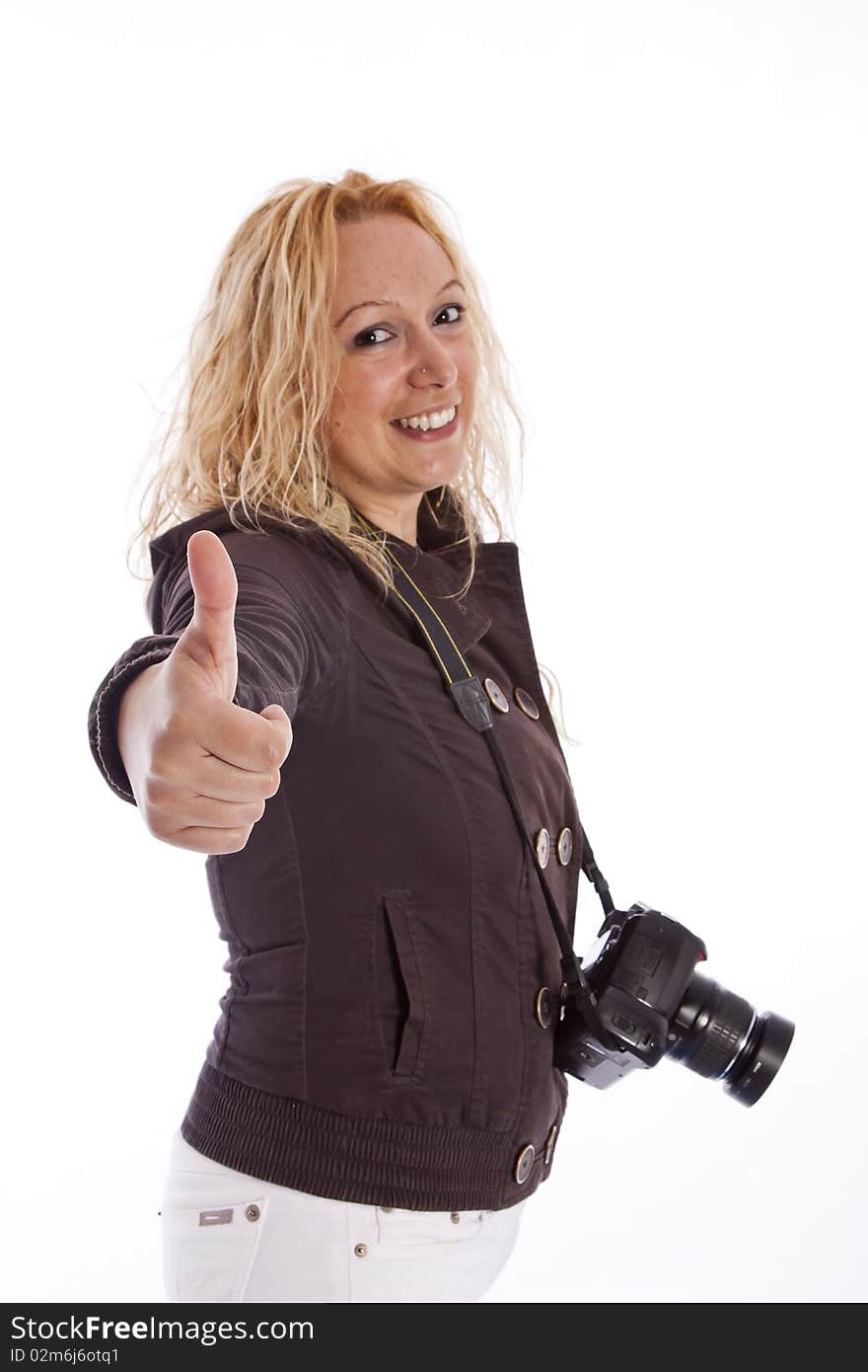 Woman doing OK with hand with camera