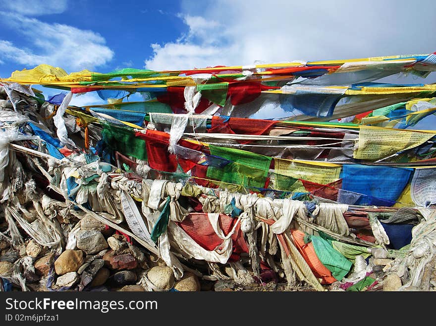 Colorful prayer flags in Tibet,with blue skies as backgrounds