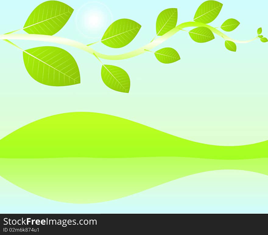 Illustration of green branch with leaves over nature background