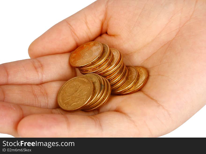 Coins in woman's hands (white background)