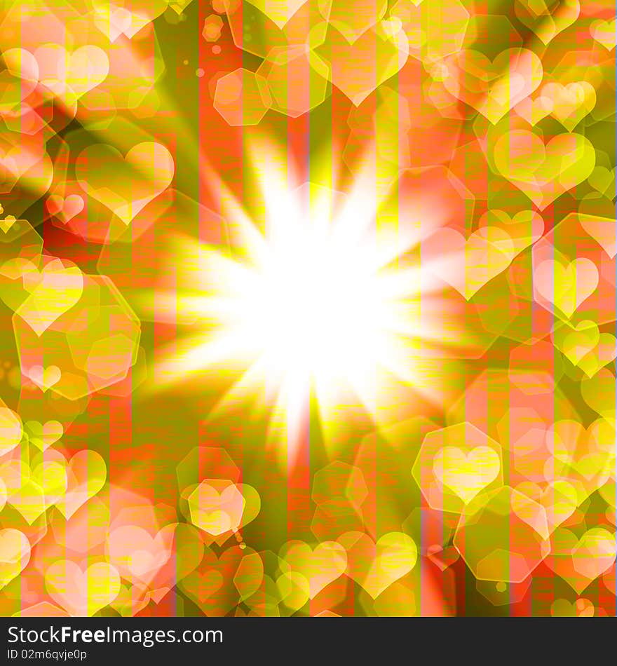 Abstract background of glowing hearts with the flash in the center