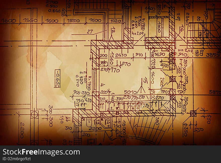 Vintage architectural drawing, on grunge paper with some stains