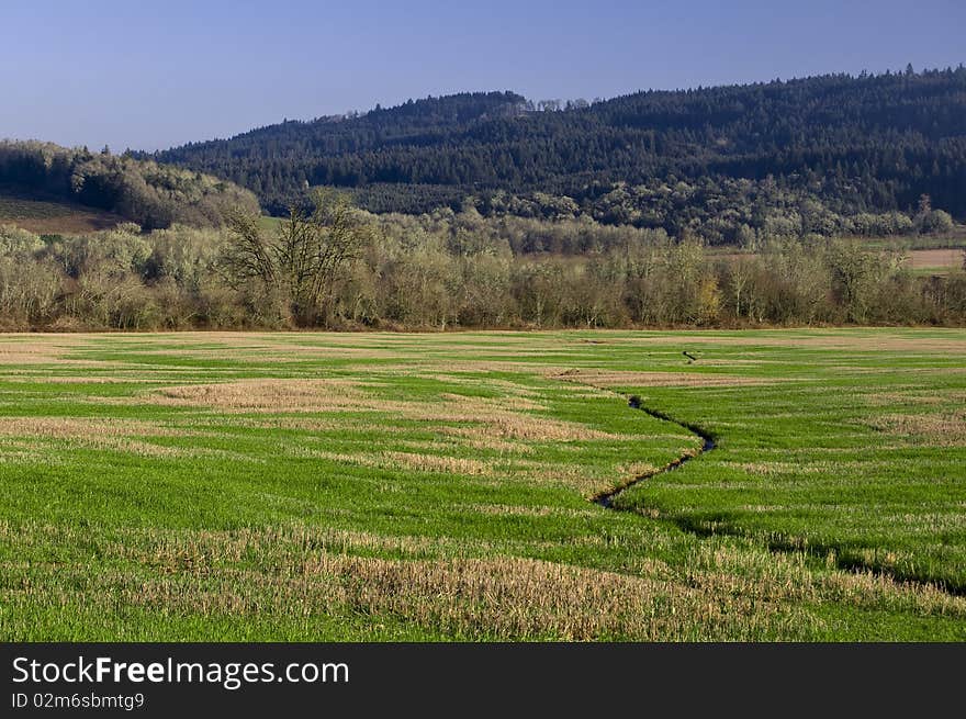 A narrow water river stream going through a green grass field landscape. A narrow water river stream going through a green grass field landscape.