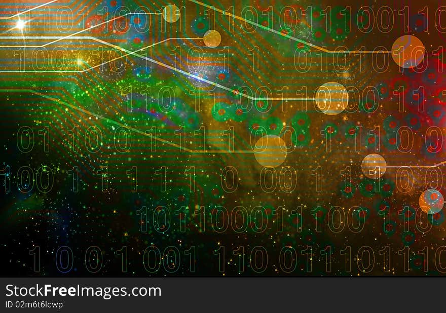 Digital world, with sunrise on the background with integrated bits and bytes