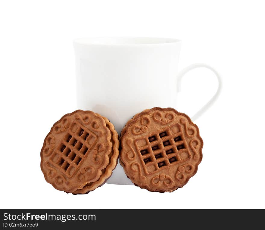 White cup with cookies on a white background