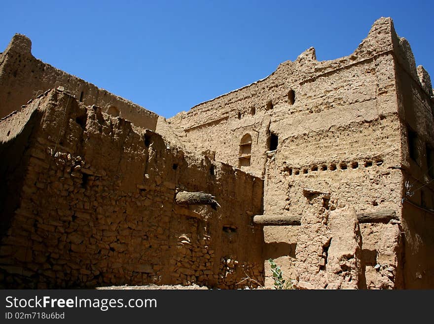 Ruins of old mudflat buildings in the city Biladt Sait in Oman