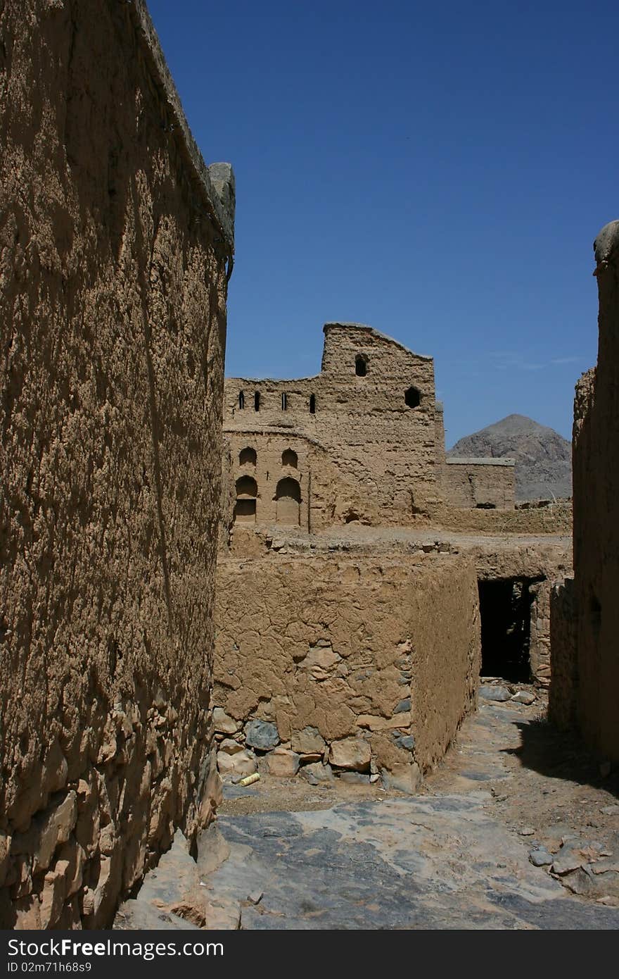 Ruins of old mudflat buildings in the city Biladt Sait in Oman