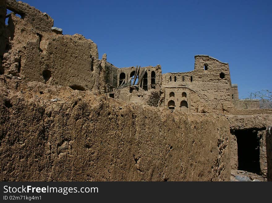 Ruins of old mudflat buildings in the city Biladt Sait in Oman