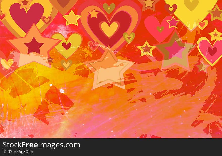 Abstract hearts and stars on the grunge background