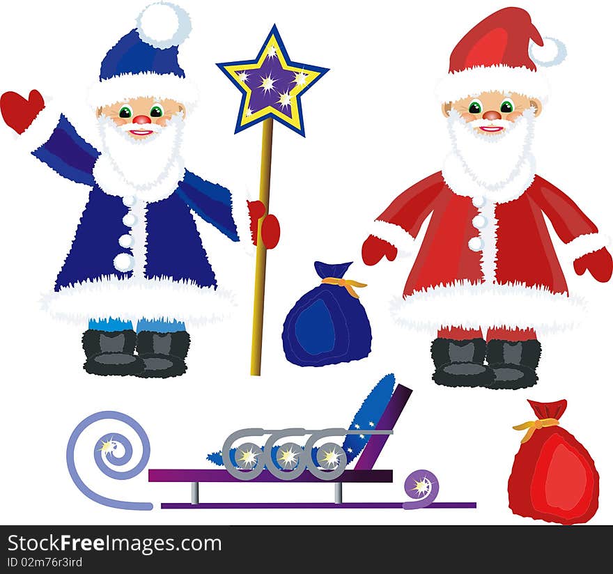 Two funny Santa Clauses with sled and bags,icons. Two funny Santa Clauses with sled and bags,icons.