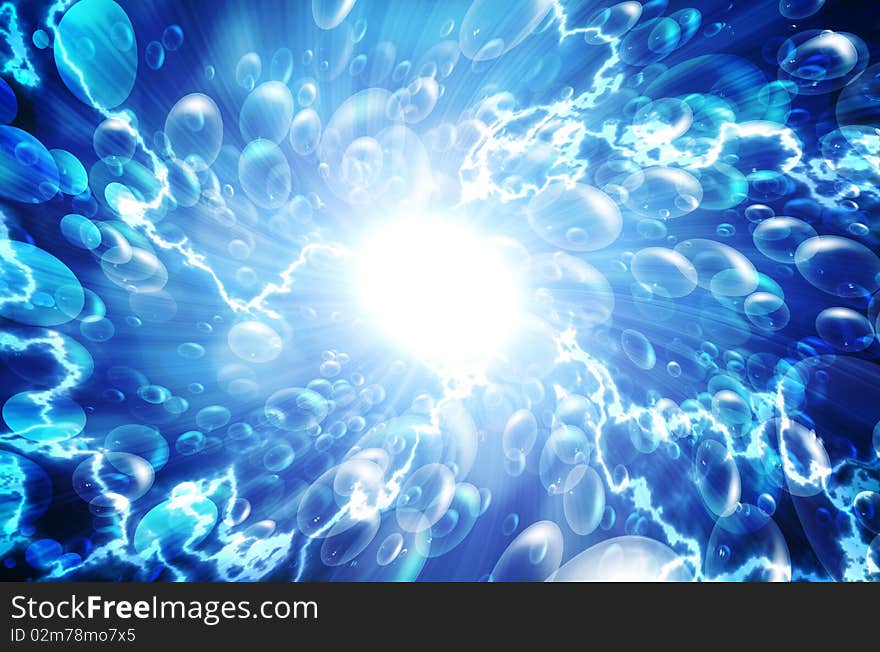 Bubbles in the blue water with lightning, abstract background