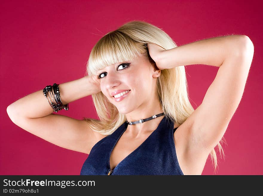 Image Of Friendly Blond Over Red Background