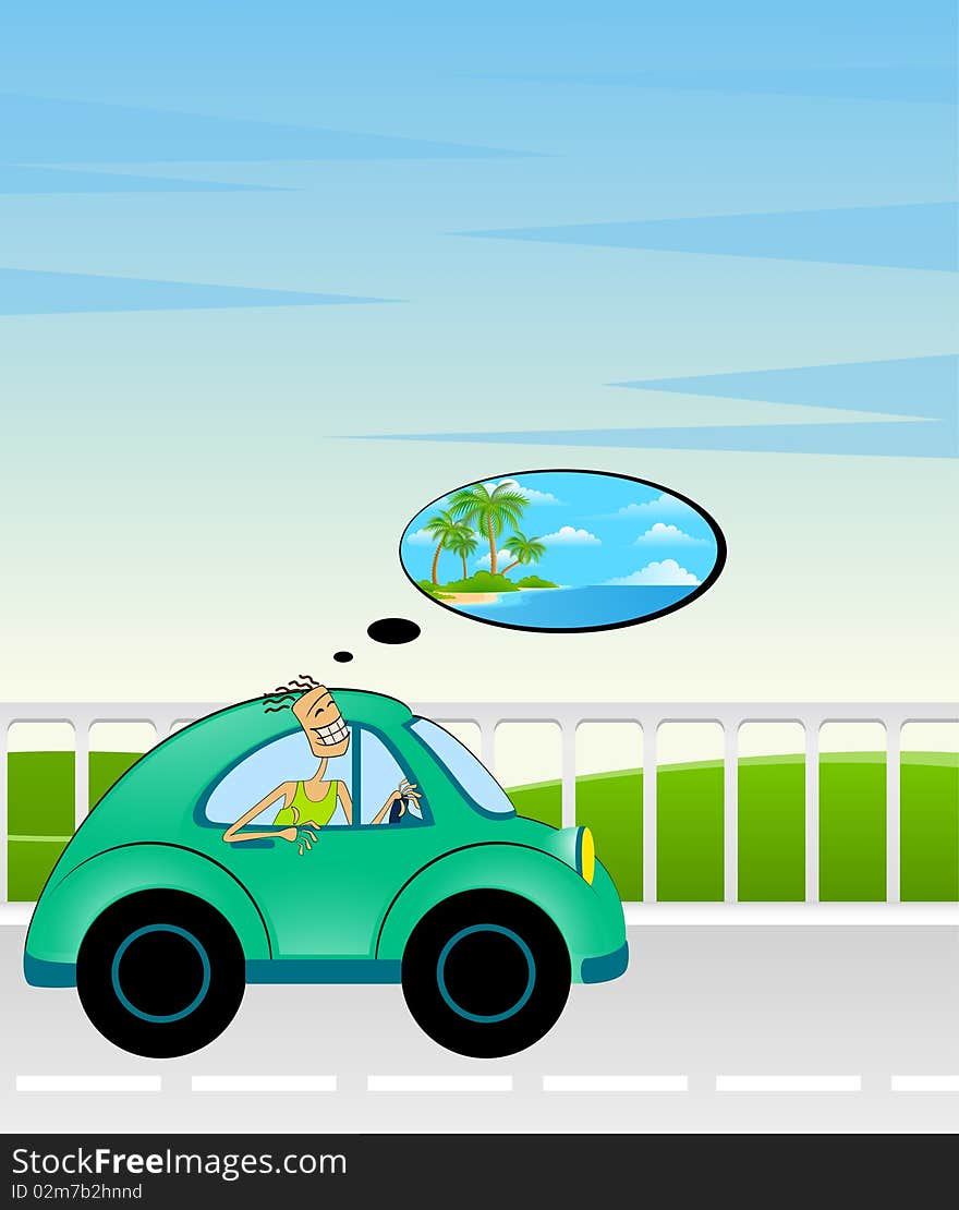 Cartoon car on a background summer landscape and men. Cartoon car on a background summer landscape and men