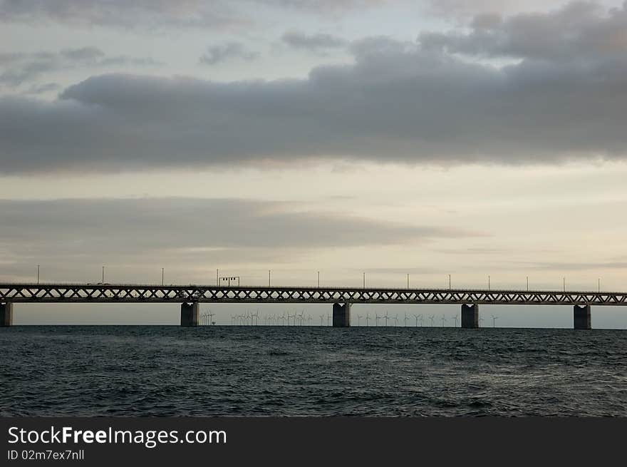 Oresunds bridge at sunset from the swedish side over to Denmark