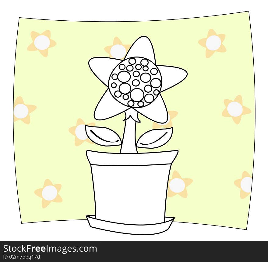 Sunflower in pot with floral background pattern isolated on white. This illustration could be used for coloring books.