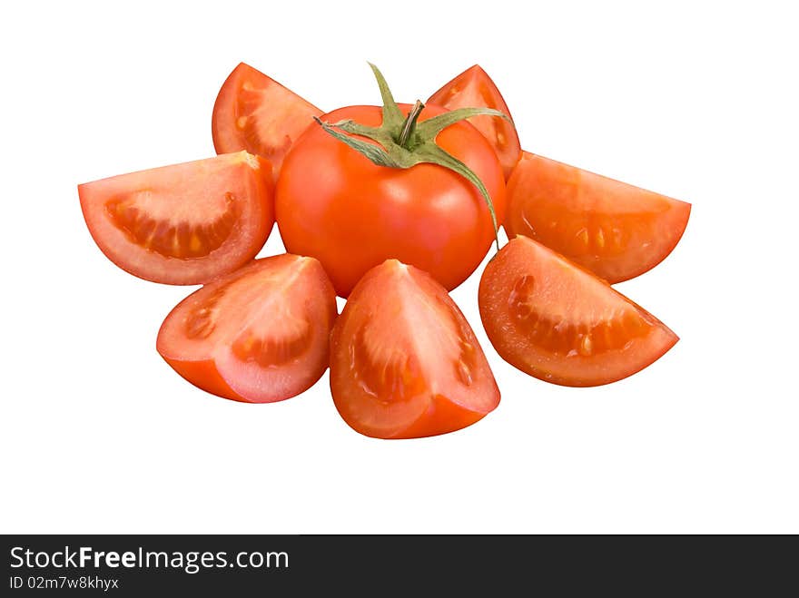 One red tomato surrounded by tomato quarters, white background isolated. One red tomato surrounded by tomato quarters, white background isolated