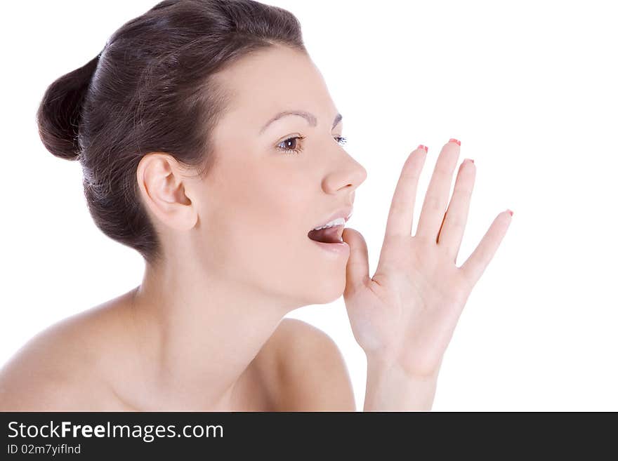 Bright picture of lovely woman whispering gossip news