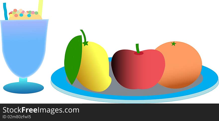 Mix fruits in plate and icecream glass isolated with white background. Mix fruits in plate and icecream glass isolated with white background