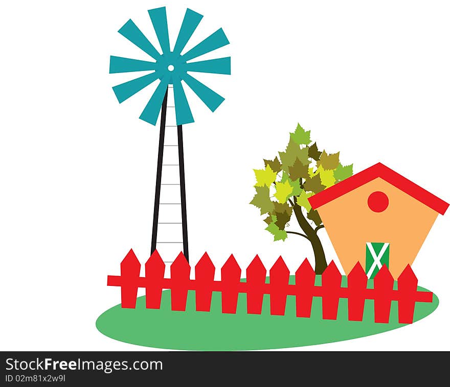 An illustration of landscape with house tree and wind mill. An illustration of landscape with house tree and wind mill