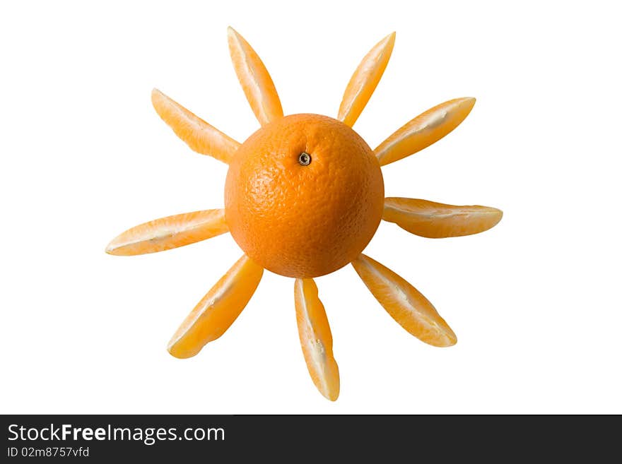 One Orange surrounded bi orange slices shaped as a sun, white background isolated. One Orange surrounded bi orange slices shaped as a sun, white background isolated