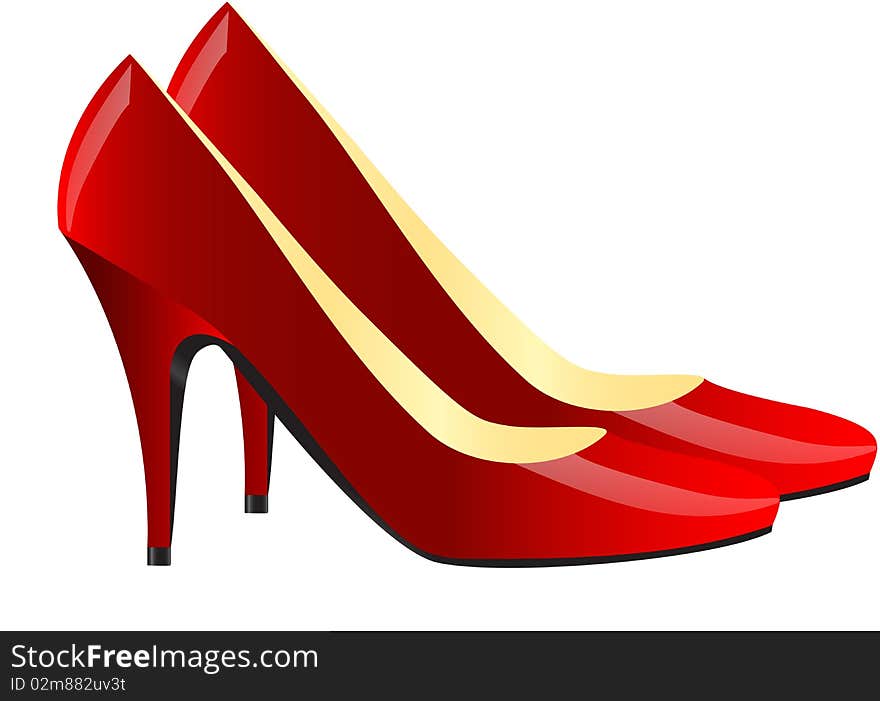 Realistic illustration of pair of modern red female shoes isolated over white