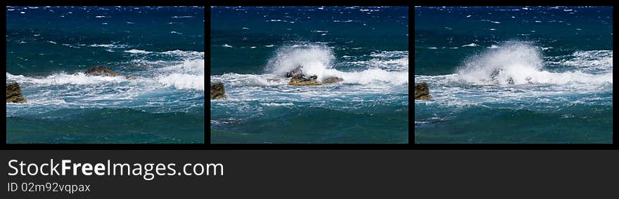 A serieshot of a wave smashing into a rock. A serieshot of a wave smashing into a rock