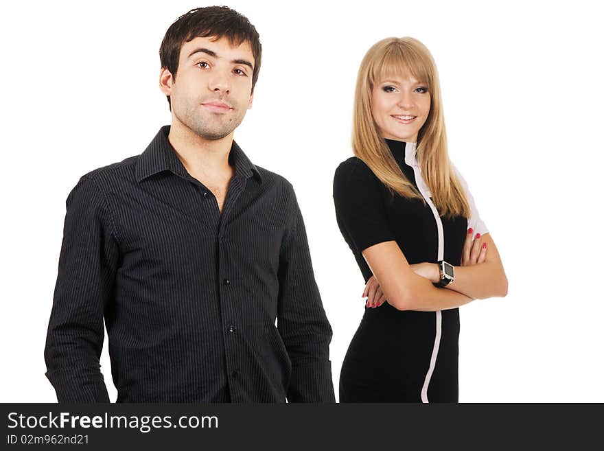 Beautiful young couple in casual clothing, white background