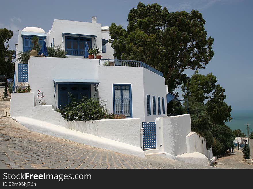 Typical posh villa in an exclusive village of Sidi Bou Said in Tunisia